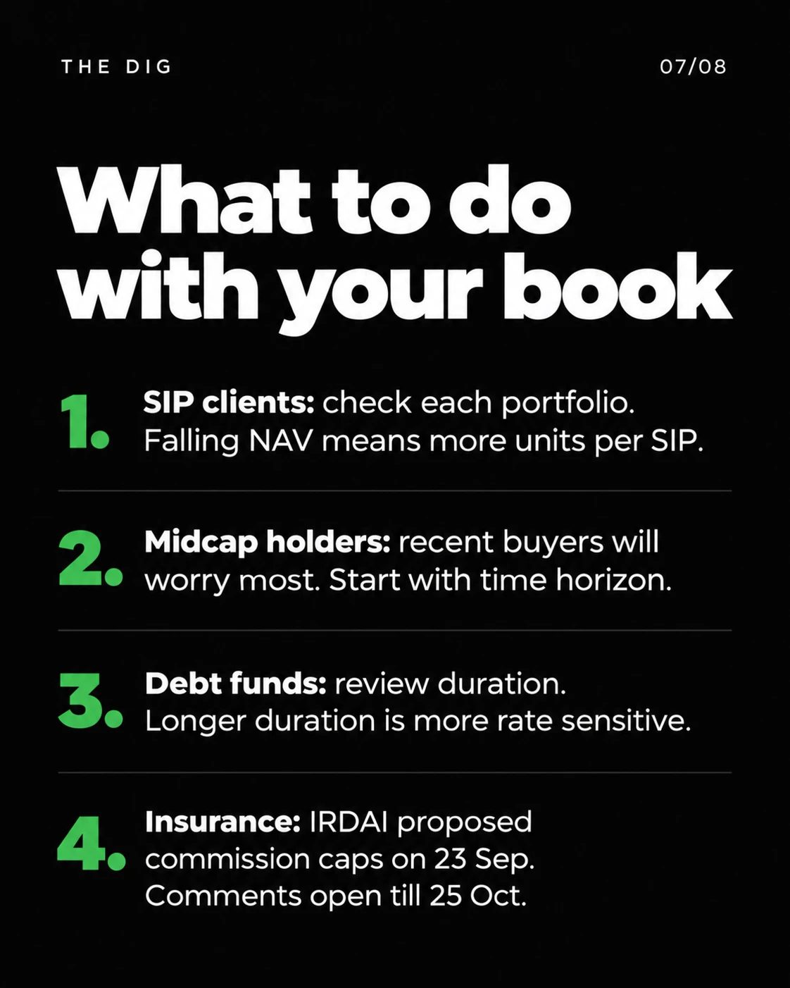 What to do with your book: SIP clients, midcap holders, debt funds and insurance