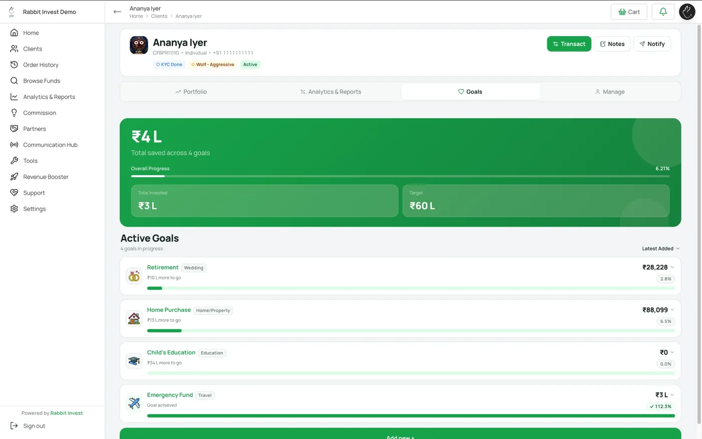 Client goals with overall progress and each goal tracked
