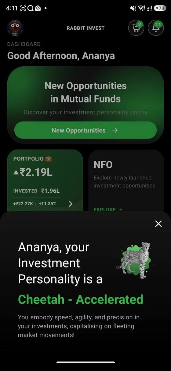 Client home screen in the app