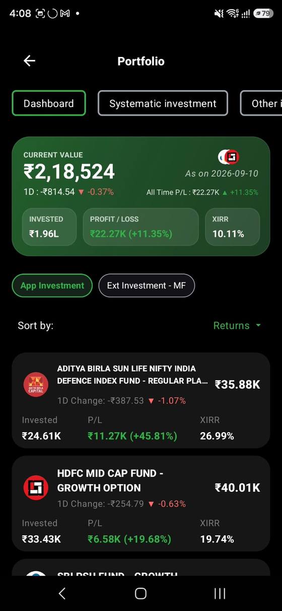 Client portfolio in the app, current value, XIRR, fund breakdown