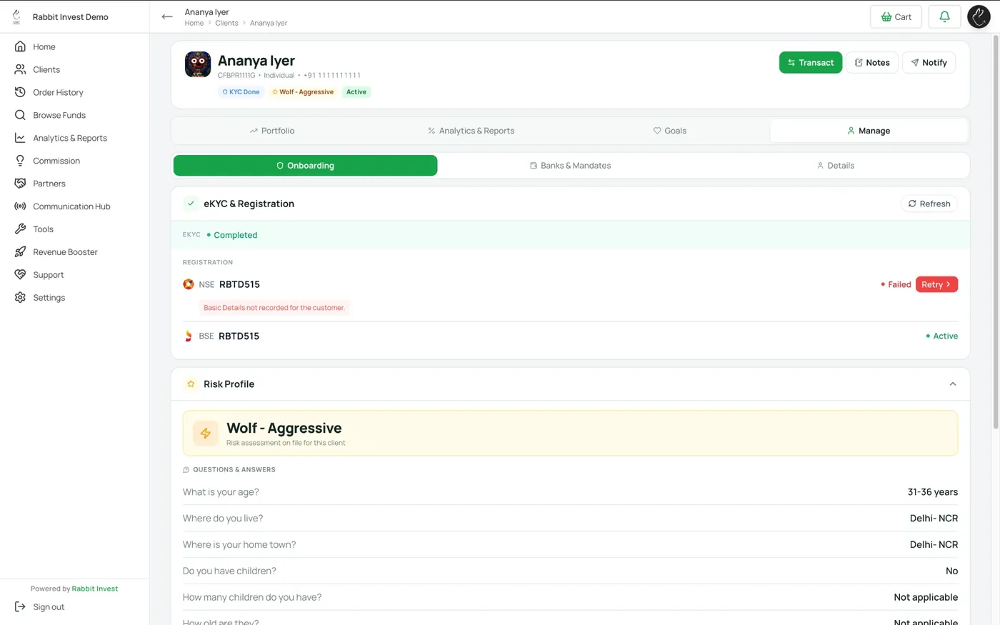 Client risk profile, Wolf, Aggressive, with every answer on record