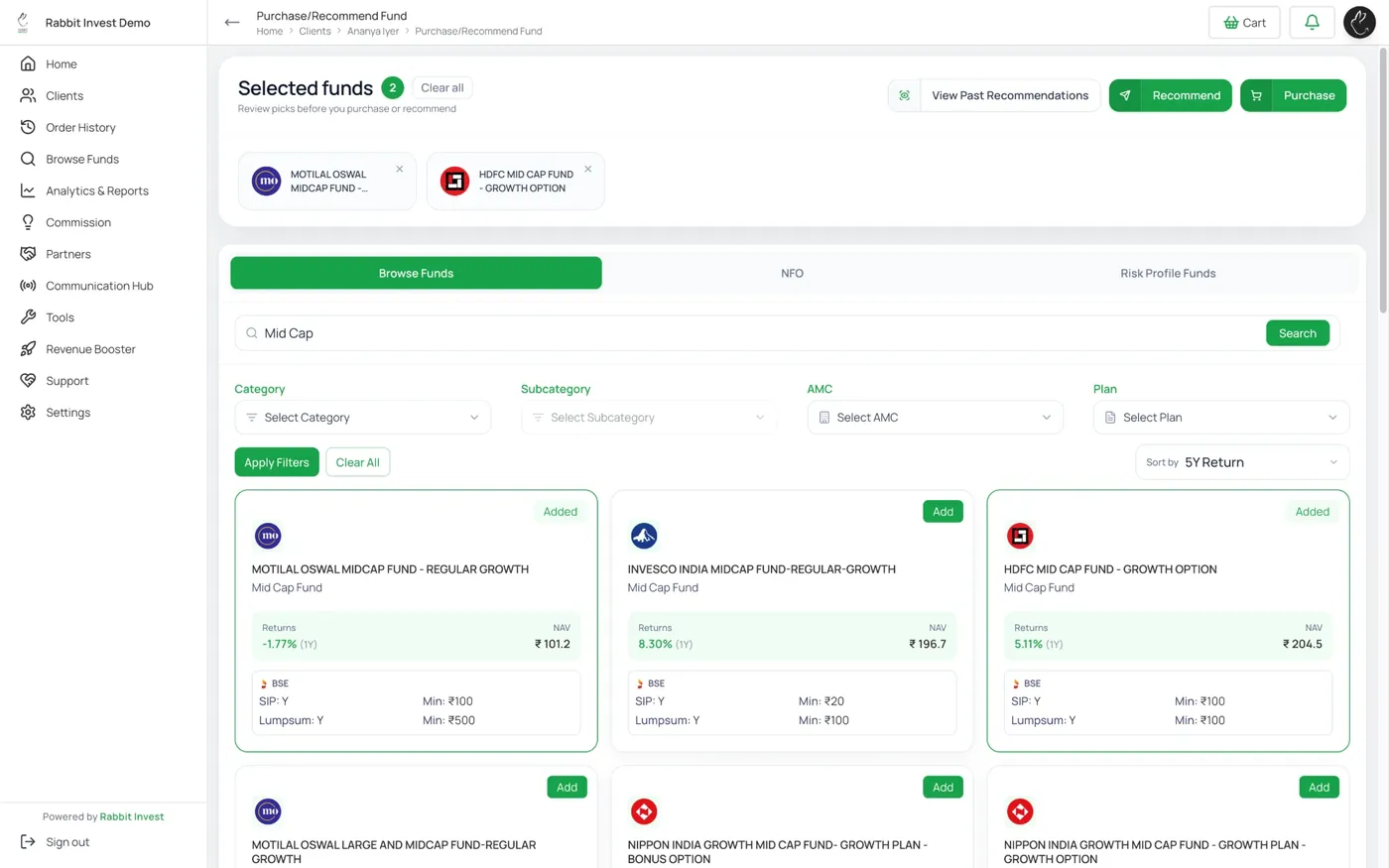 Selected funds ready to recommend or purchase